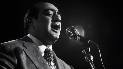 Vintage crooner sings into chrome microphone onstage