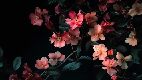 Camellia flowers against dark background with layered petals.
