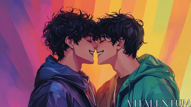 Rainbow-lit near kiss between mirrored boys in hoodies.