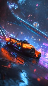 Neon-orange cyber racer cuts through rain-soaked megacity street