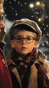 Snowlit wonder crowns a bundled child beneath winter sparks