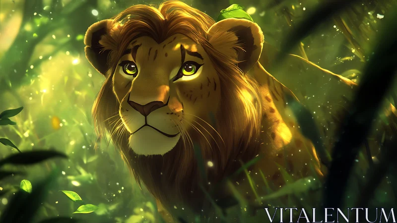Lion in soft green jungle light with gentle expression.