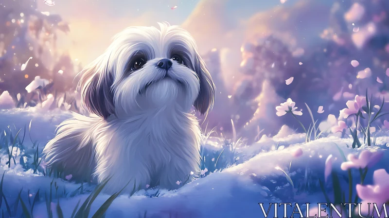 Small white dog in luminous snowy meadow at pastel dawn