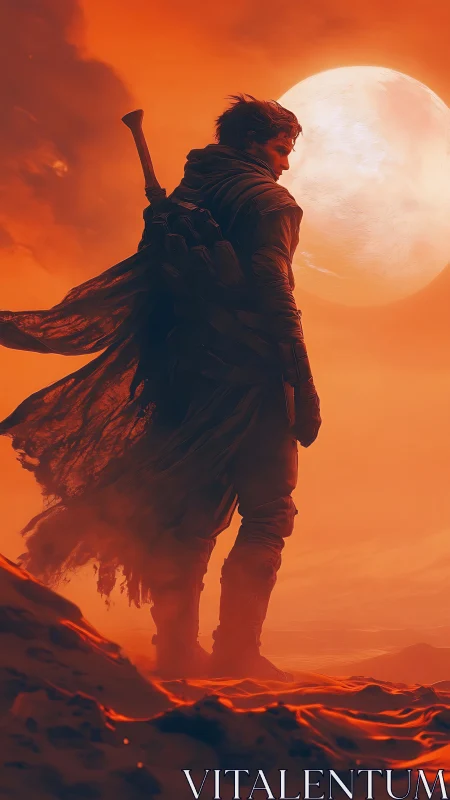 Lone dune wanderer silhouetted against a burning desert moon.