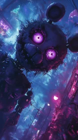 Cyberpunk animatronic looms over neon storm alleyway.