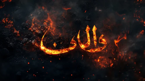 Arabic calligraphy rendered in molten fire texture on dark field.