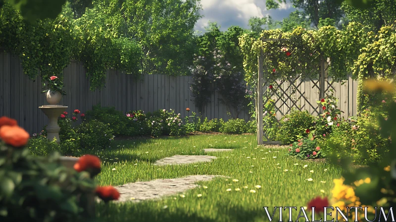 Sunlit garden path invites a quiet stroll among flowers