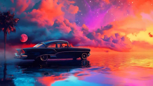 Classic car is positioned on reflective water beneath vivid sky