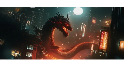 Neon sky dragon curling through a glowing future city.