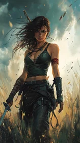 Warrior heroine strides through stormlit wild grasslands