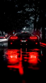 Sports car rear view under rain with strong red reflections