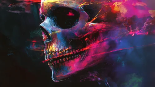 Neon skull ignites a storm of cosmic color and motion.