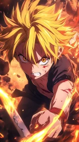 Blazing blonde swordsman lunges through molten chaos skyward.