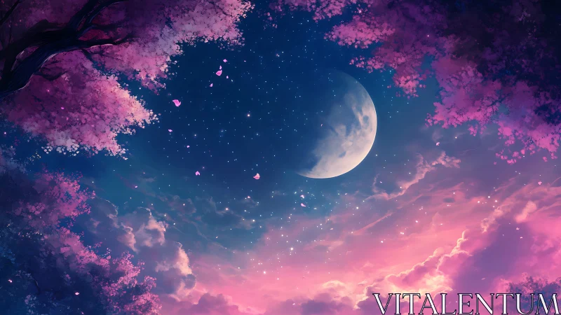 Crescent moon framed by pink treetops in glowing night sky