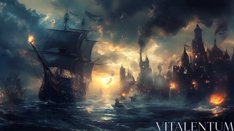 Storm-dark galleon approaches burning fortress harbor at dusk