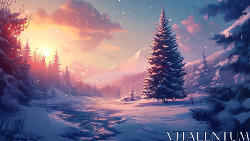 Snowlit river hums beneath a rosy winter sunrise