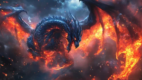 Fiery black dragon soaring through blazing storm sky.