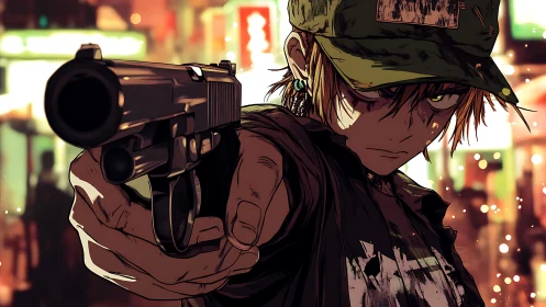 Hardened youth in cap points handgun toward viewer in night city