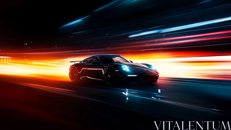 Black sports car cuts neon highway with explosive speed