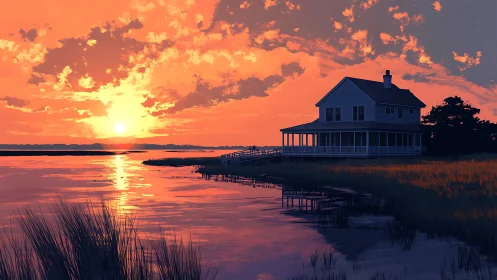 Sunset-soaked marsh house cradled in molten watercolor sky.
