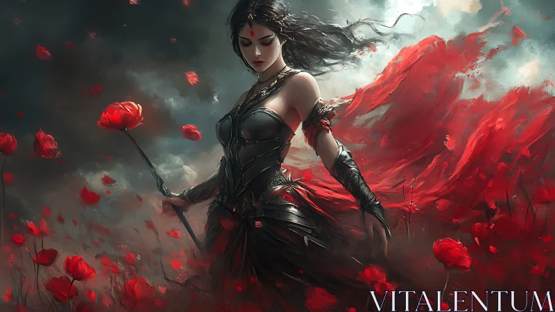 Crimson warrior strides through swirling poppies and stormlight