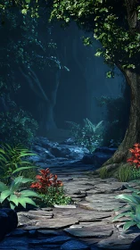 Forest cave with stream and bioluminescent undergrowth