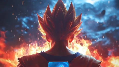 Spiky haired warrior backlit by flames and cool sky.