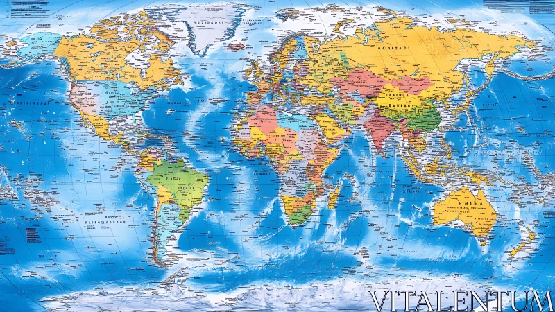 Political world map with vivid country color separation.