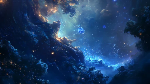 Cosmic landscape with glowing blue nebula and forest rim.