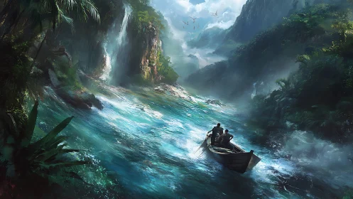 Boat with two figures on fast river between dense cliffs.