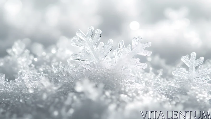 Macro snowflakes on fresh glittering winter snowfield.