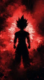 Silhouetted warrior stands against red explosive radial energy field