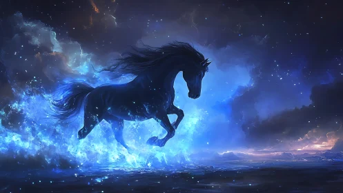 Stallion leaps through glowing blue cosmic mist at night