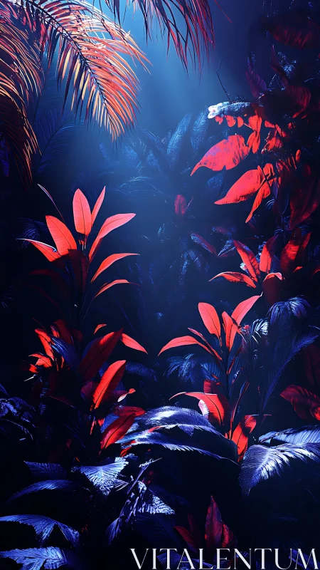 Neon red and blue tropical foliage in dense night jungle.