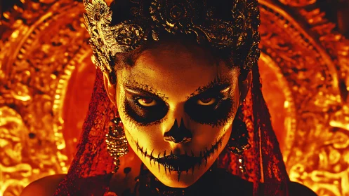 Woman with skull makeup stares forward amid ornate gold backdrop