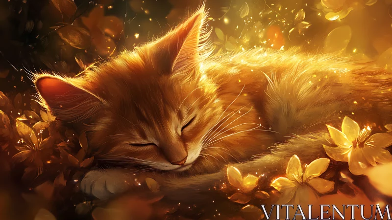 Golden Feline Portrait with Luminescent Bokeh and Floral Ambient Lighting