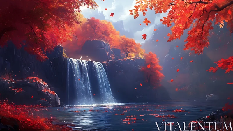 Autumn forest waterfall in rocky valley under diffuse light.