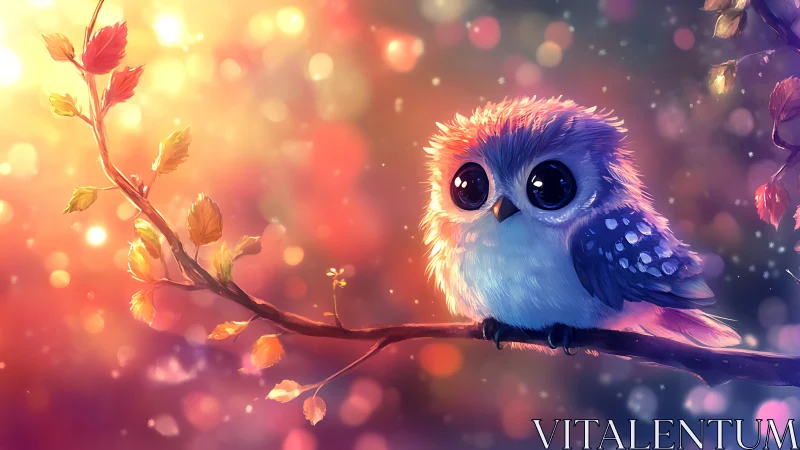 Adorable fluffy owl on a branch in dreamy fantasy lighting.