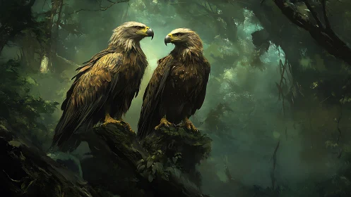Two majestic eagles perched in a mystical forest, digital art style.
