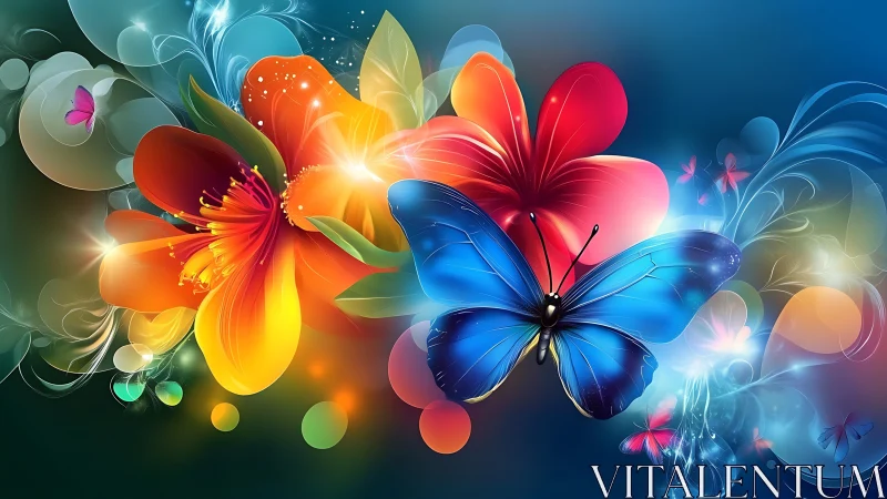 Luminous Digital Flowers and Butterflies on Blue Gradient