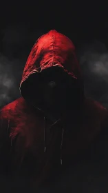 Mysterious hooded figure in deep red against drifting shadows.
