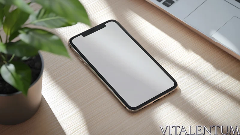 Modern workspace with smartphone and natural light.