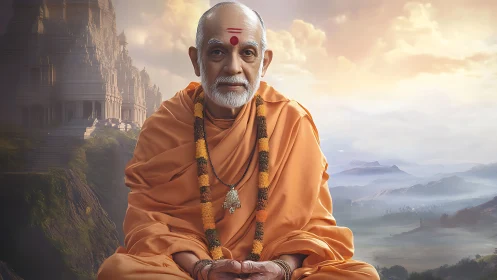 Digital painting portrait of serene monk in temple landscape.