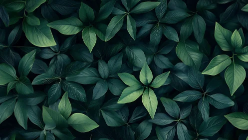 Overhead botanical foliage pattern with layered green leaves