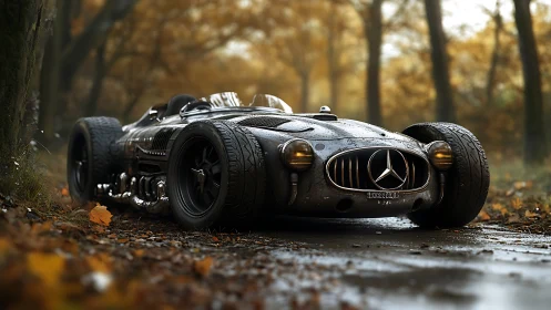 Vintage racer resting on a rain-kissed forest road.