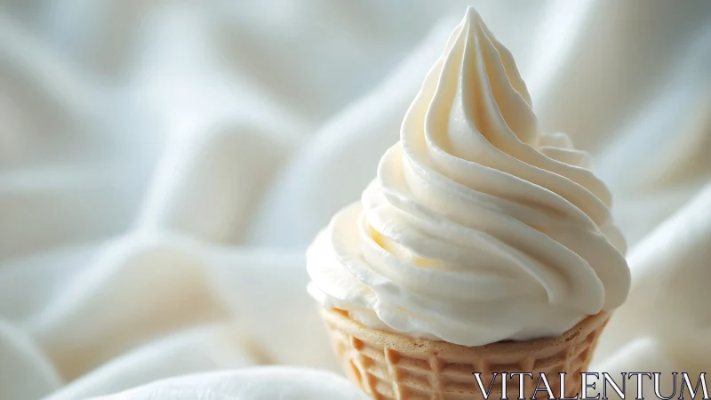 Vanilla soft serve cone against silky white backdrop.
