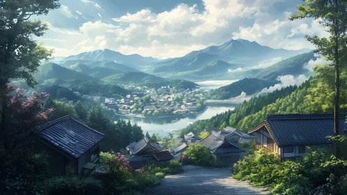 Digital landscape shows hillside village above river basin