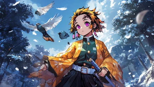 Anime swordsman stands in snowy forest with flying birds