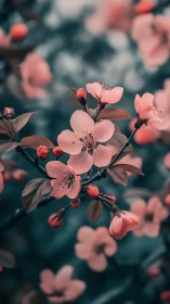 Pink blossoms on dark teal backdrop with bokeh depth.