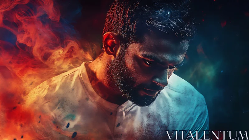 Intense male portrait contrasts dual color smoke illumination